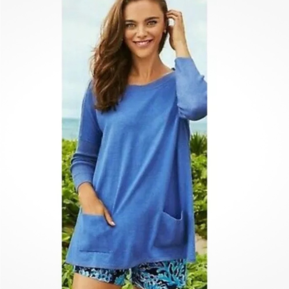 LILLY PULITZER Cobo Boatneck Sweater Heathered Crew Blue Coastal Shell Stripe L - Picture 2 of 13